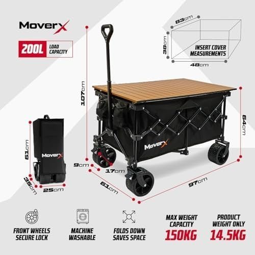200L Folding Camping Trolley Wagon With Table All Terrain Wheels Black - Kwikley