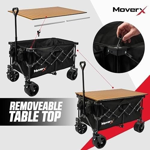 200L Folding Camping Trolley Wagon With Table All Terrain Wheels Black - Kwikley