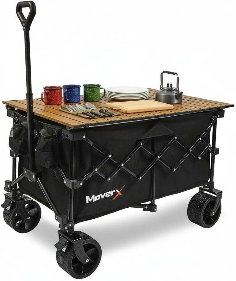 200L Folding Camping Trolley Wagon With Table All Terrain Wheels Black - Kwikley