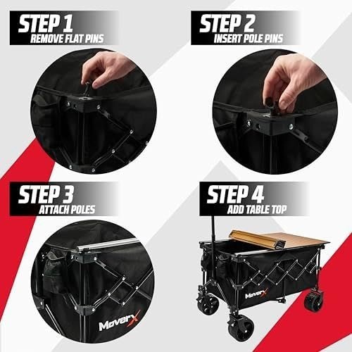 200L Folding Camping Trolley Wagon With Table All Terrain Wheels Black - Kwikley