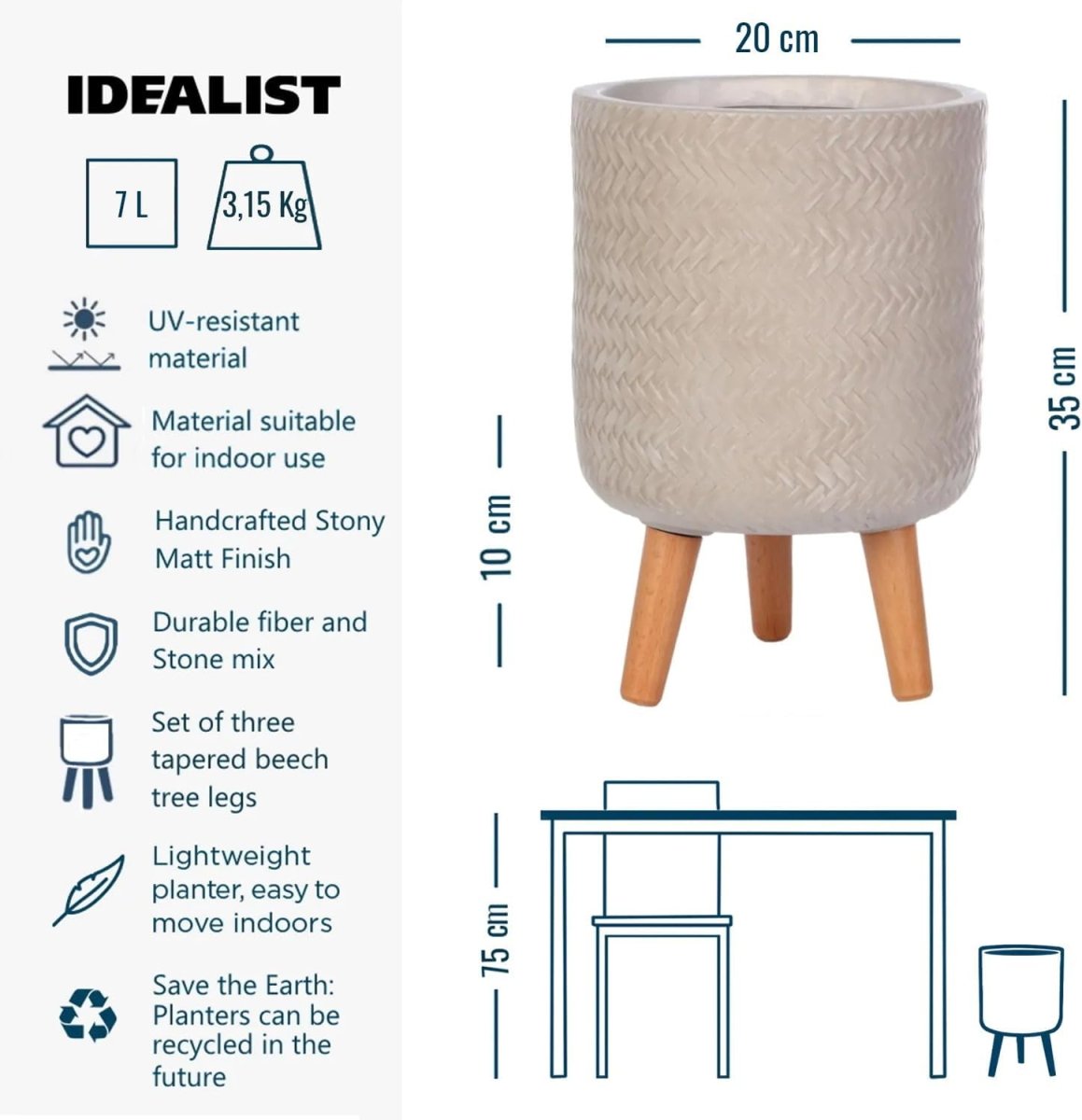 20cm Indoor Plant Pot with Legs Beige Modern Planter Cover 7L - Kwikley