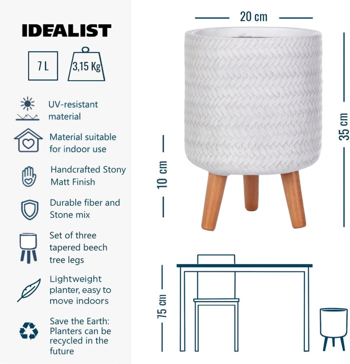 20cm Indoor Plant Pot with Legs White Modern Planter Cover 7L - Kwikley