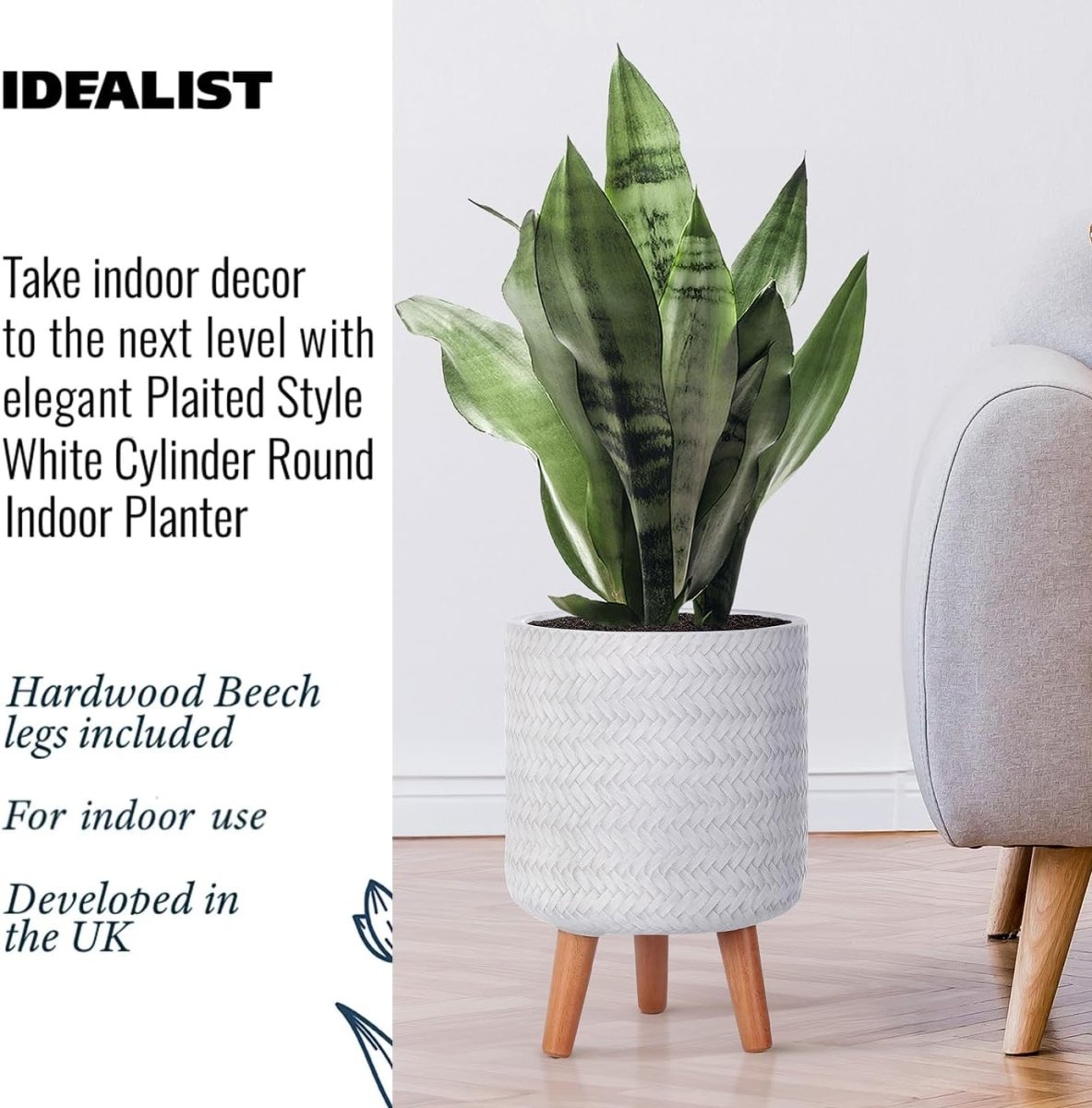 20cm Indoor Plant Pot with Legs White Modern Planter Cover 7L - Kwikley