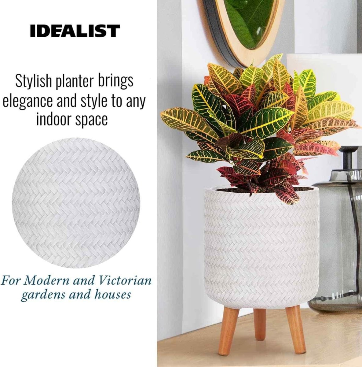 20cm Indoor Plant Pot with Legs White Modern Planter Cover 7L - Kwikley