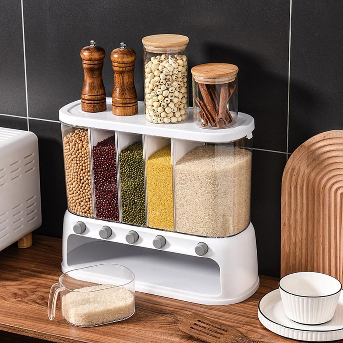 20KG Wall Mounted Rice Dispenser 5 Grid Airtight Grain Storage Unit - Kwikley
