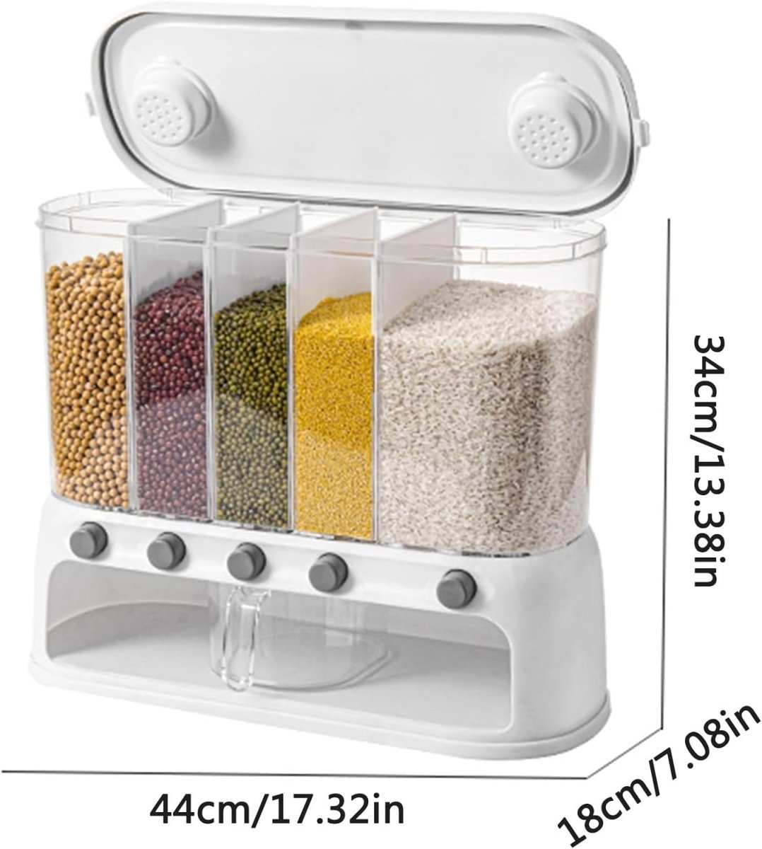 20KG Wall Mounted Rice Dispenser 5 Grid Airtight Grain Storage Unit - Kwikley