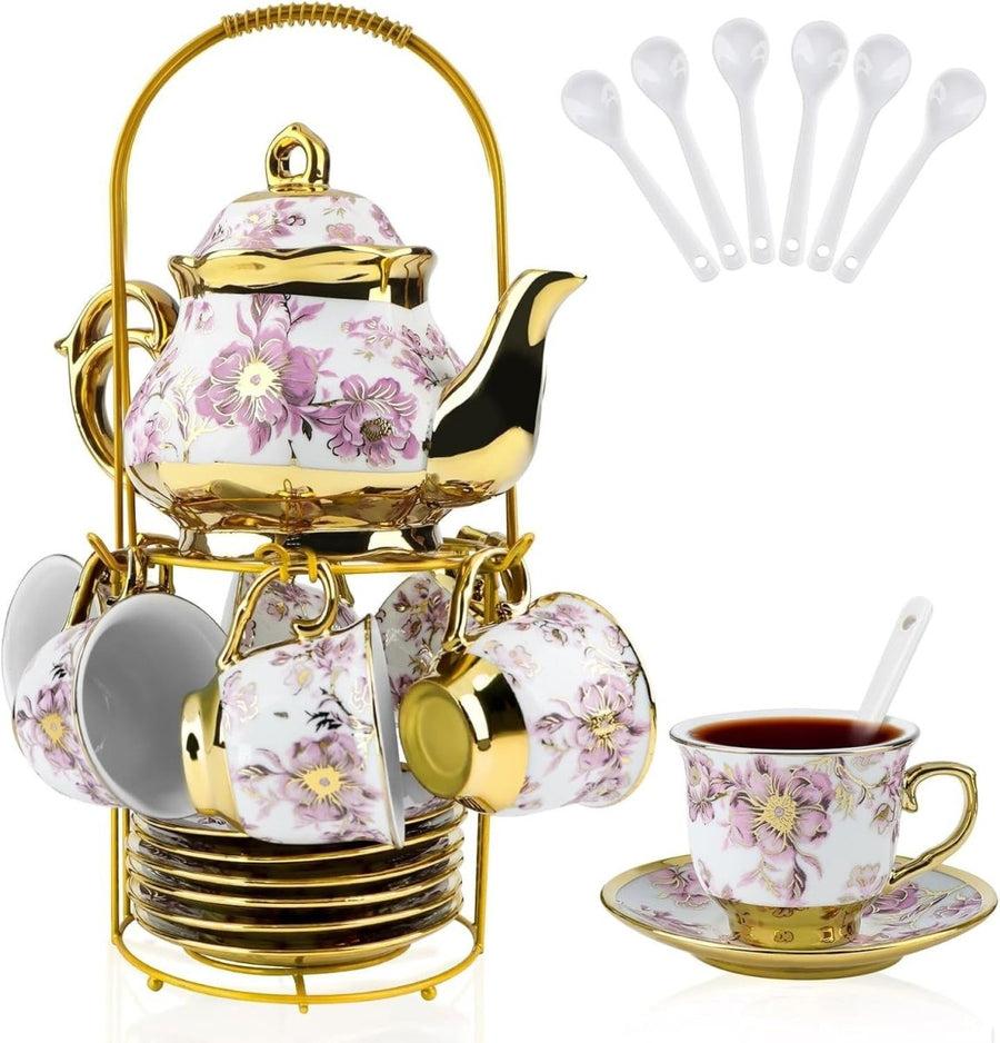 20Pc Purple Porcelain Tea Set Gold Floral Teapot Cups Saucers Stand - Kwikley