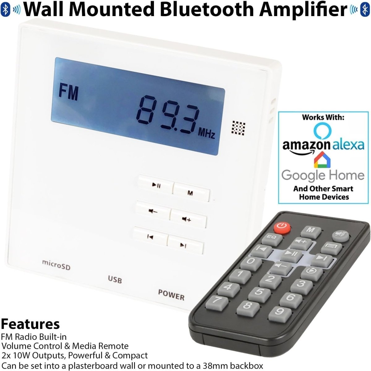 20W Bluetooth Wall Mount Amplifier FM USB SD Remote Control - Kwikley