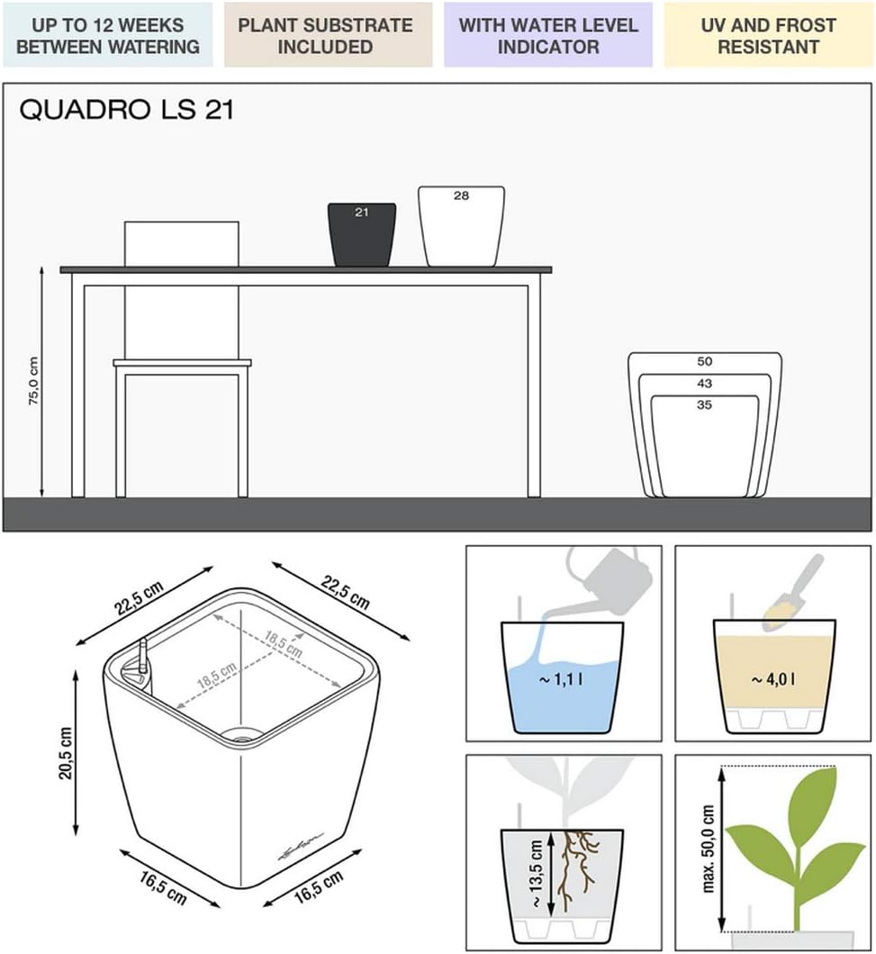 21cm Self Watering Plant Pot High Gloss Square Indoor Outdoor - Kwikley