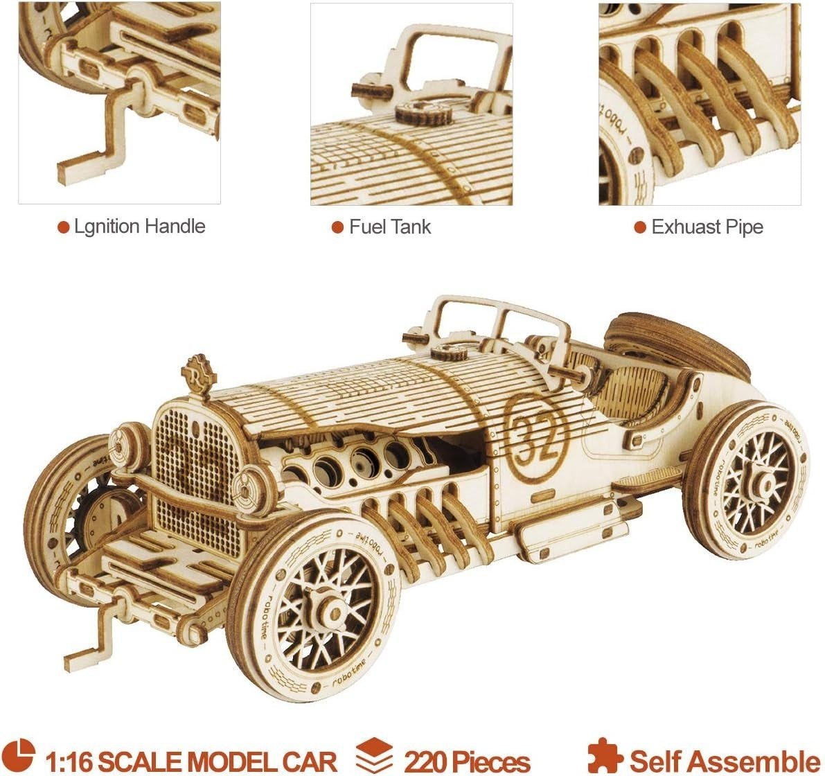 220pc Grand Prix Car 3D Wooden Puzzle DIY Racing Model Kit Build - Kwikley