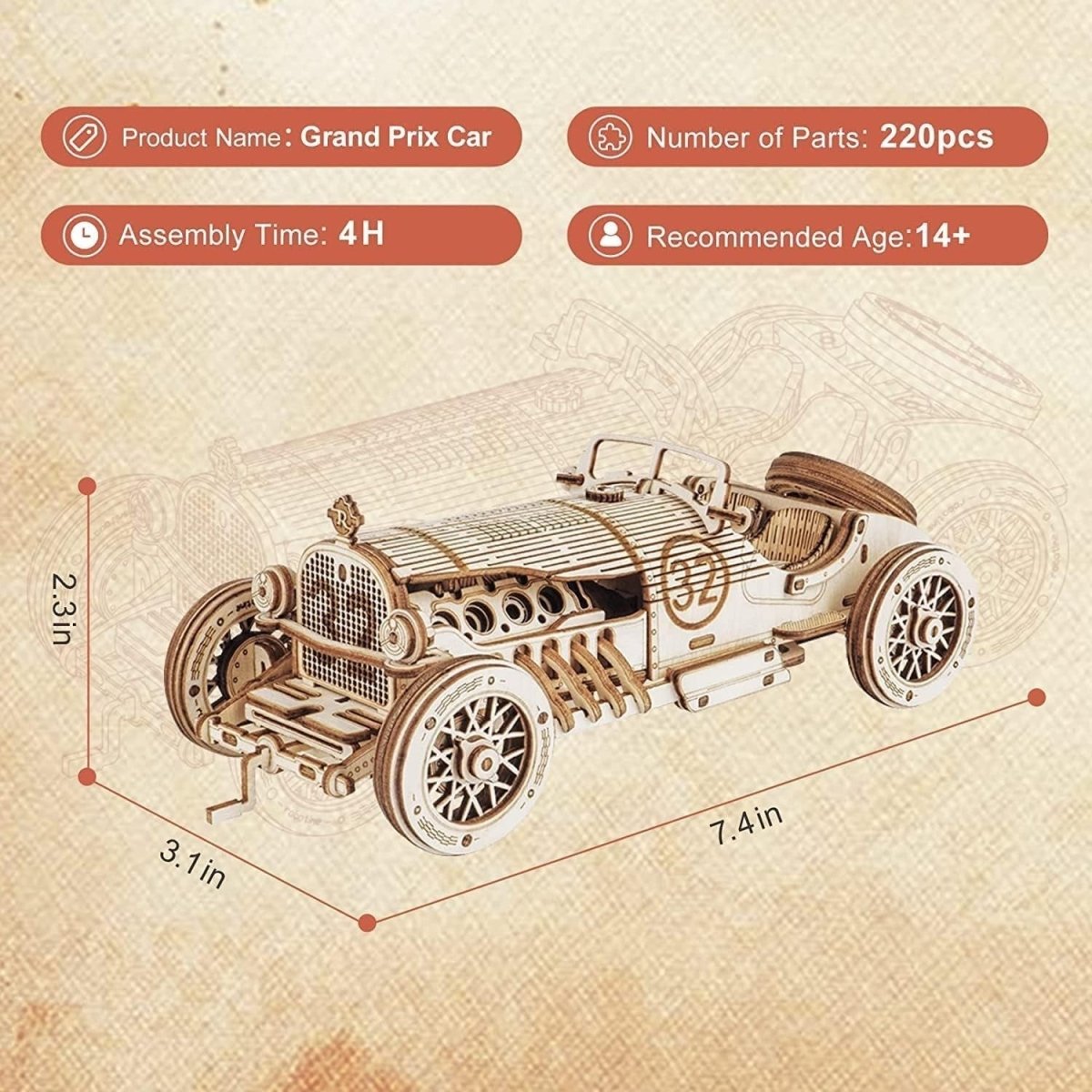 220pc Vintage Grand Prix Car 3D Wooden Puzzle DIY Model Kit Gift - Kwikley