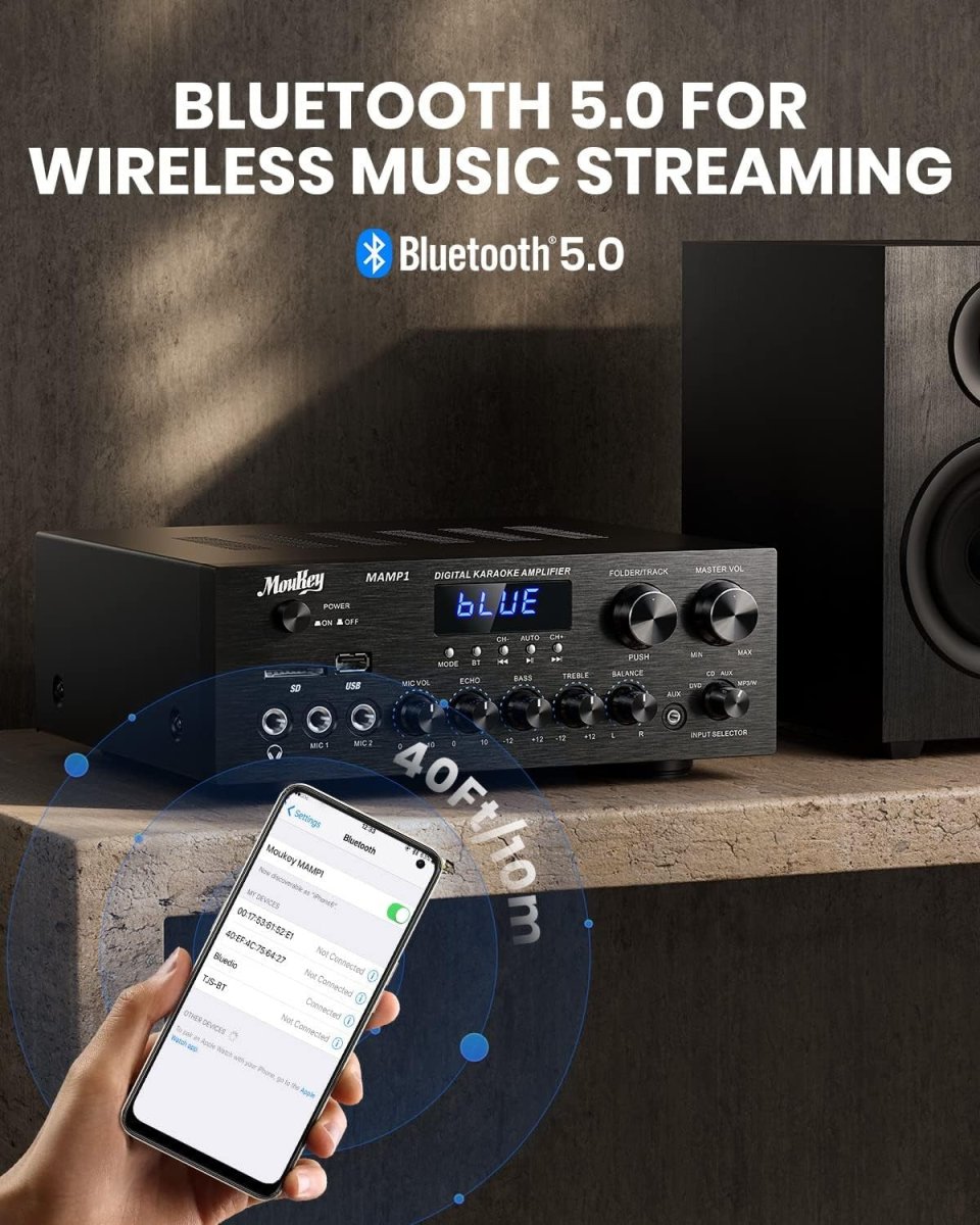 220W Bluetooth 5.0 Stereo Amplifier USB SD AUX FM LED - Kwikley