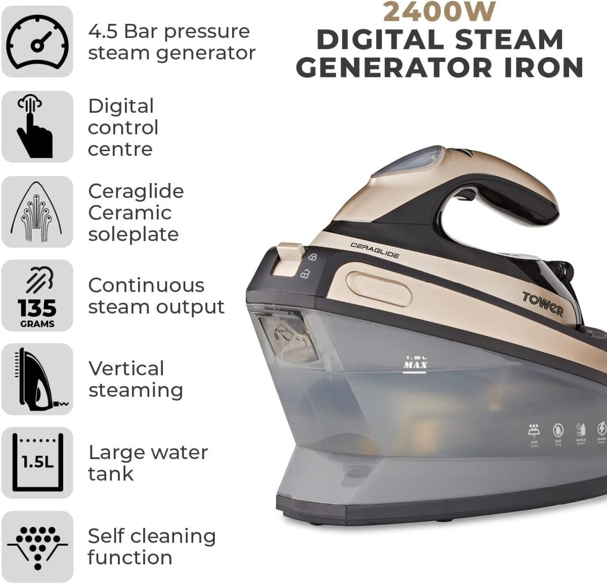 2400W Steam Generator Iron 4.5 Bar 1.5L Tank Ceramic Soleplate - Kwikley