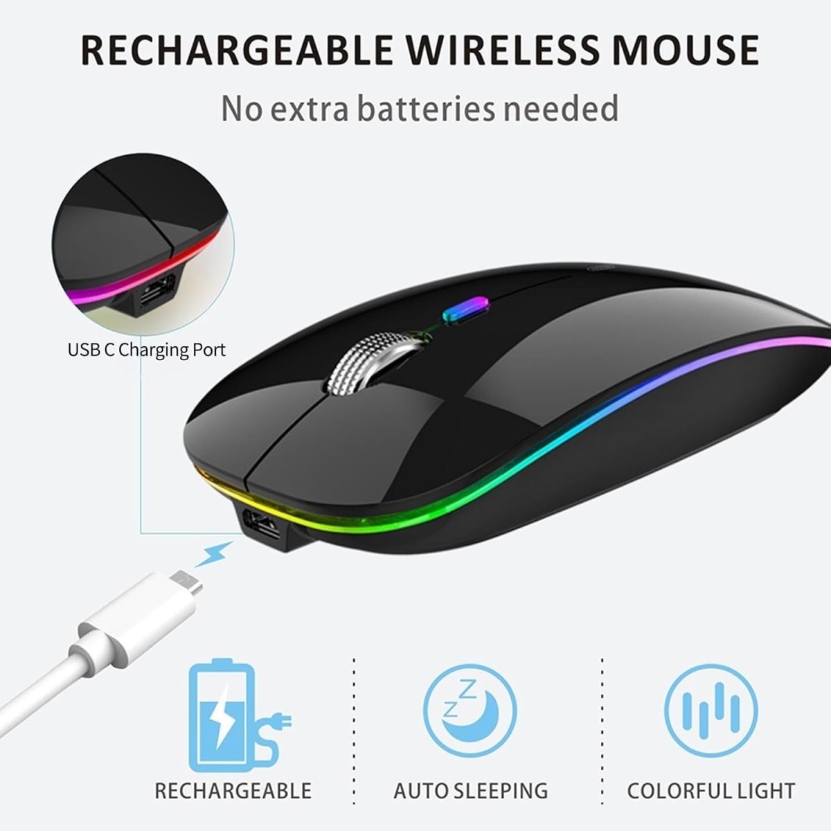 2.4G Rechargeable Silent Wireless Mouse USB LED Ergonomic Black - Kwikley
