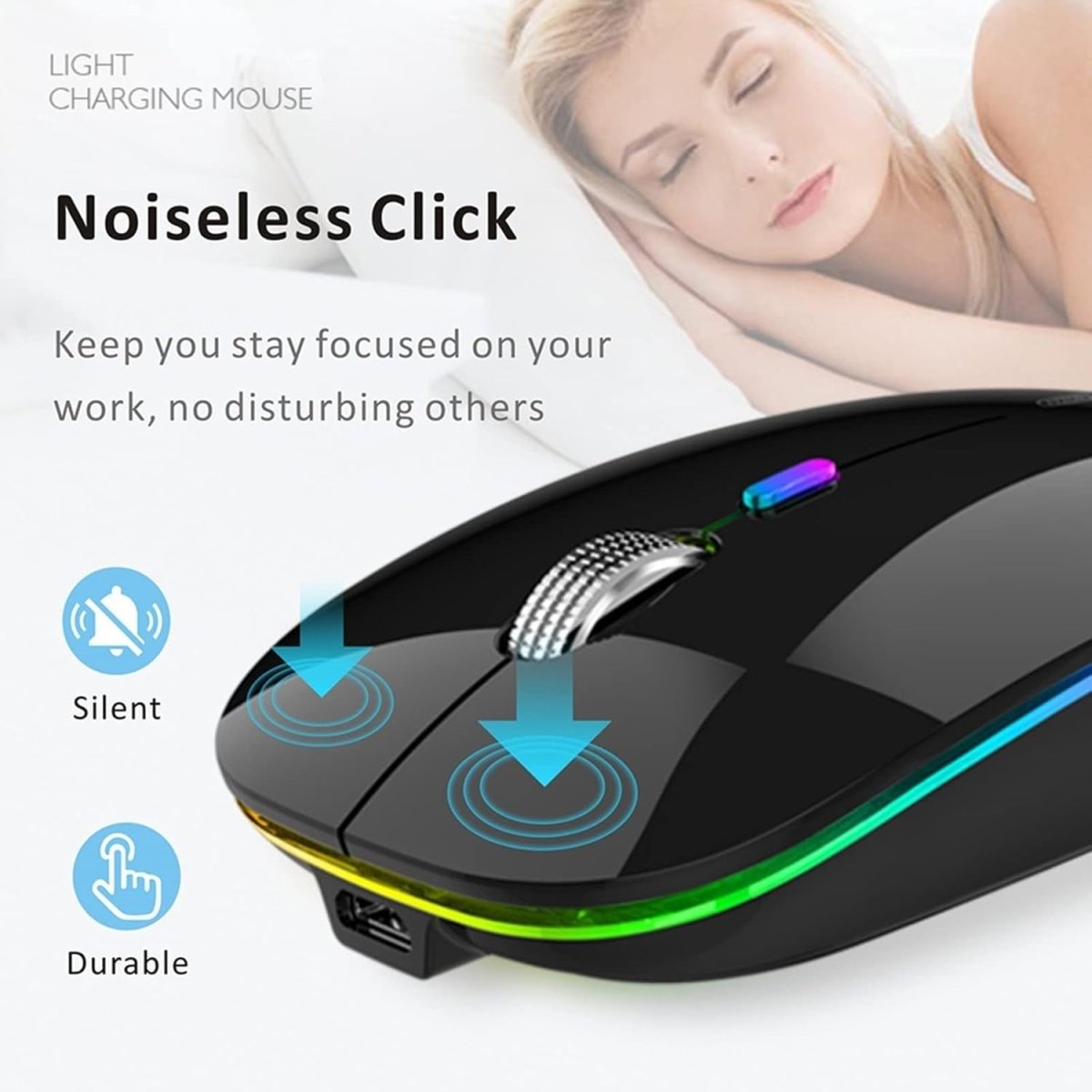 2.4G Rechargeable Silent Wireless Mouse USB LED Ergonomic Black - Kwikley