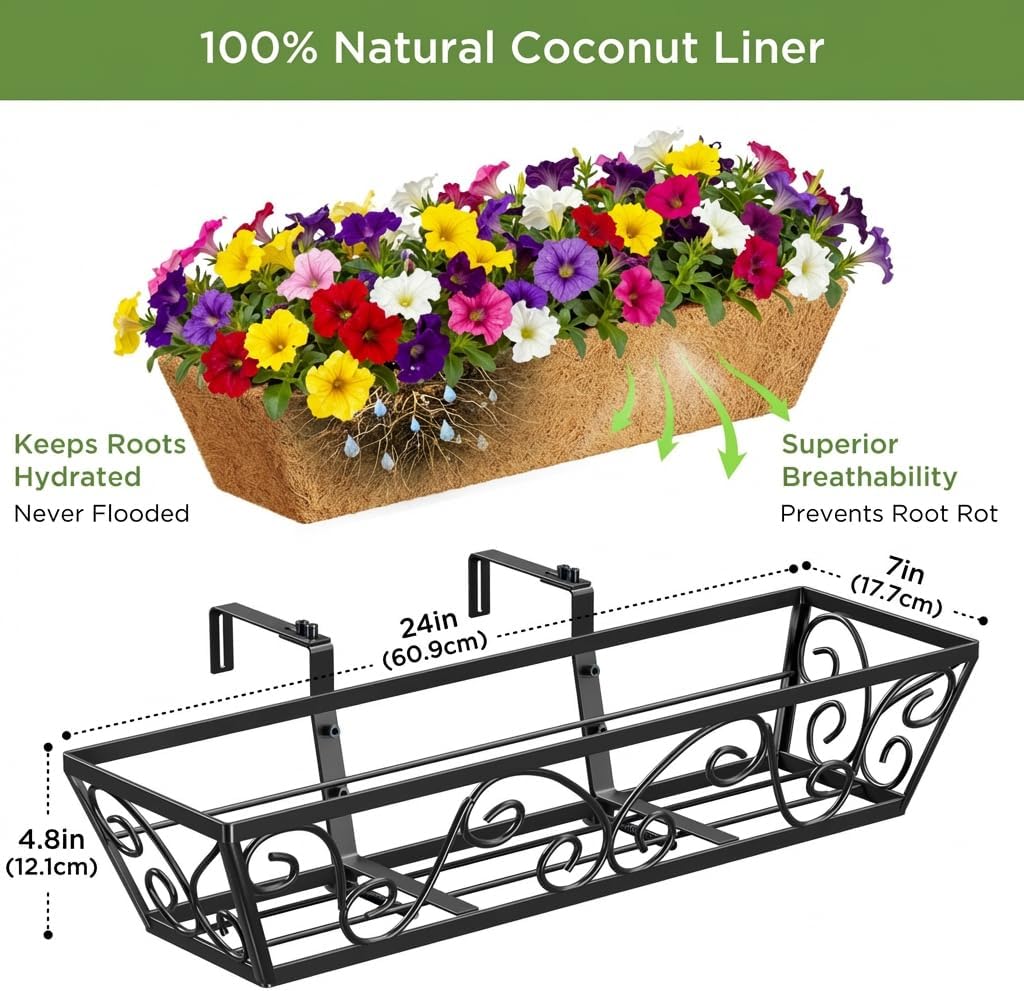 24in Wall Trough Planters Set 2 Metal Railing Boxes Coco Liner - Kwikley