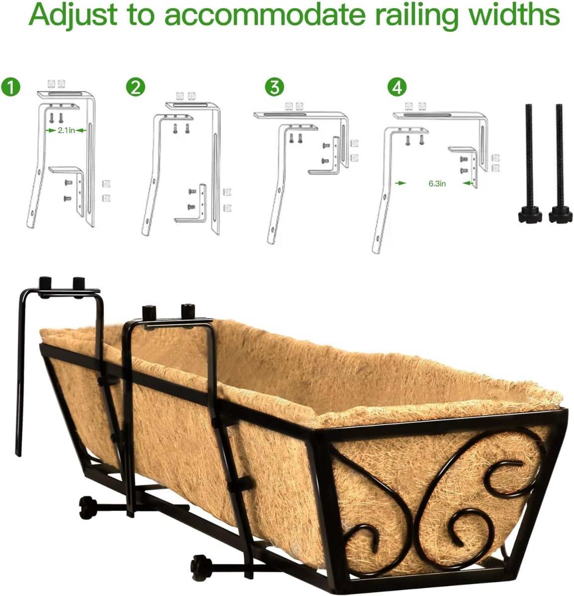 24in Wall Trough Planters Set 2 Metal Railing Boxes Coco Liner - Kwikley