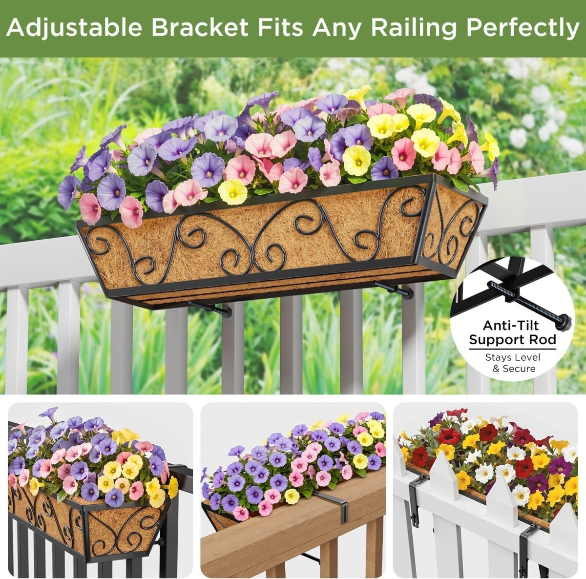 24in Wall Trough Planters Set 2 Metal Railing Boxes Coco Liner - Kwikley