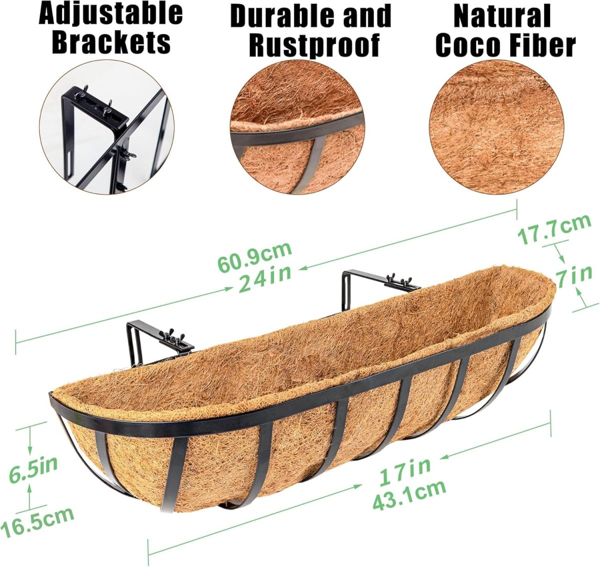 24in Wall Trough Planters Set 4 Metal Window Boxes Coco Liner - Kwikley