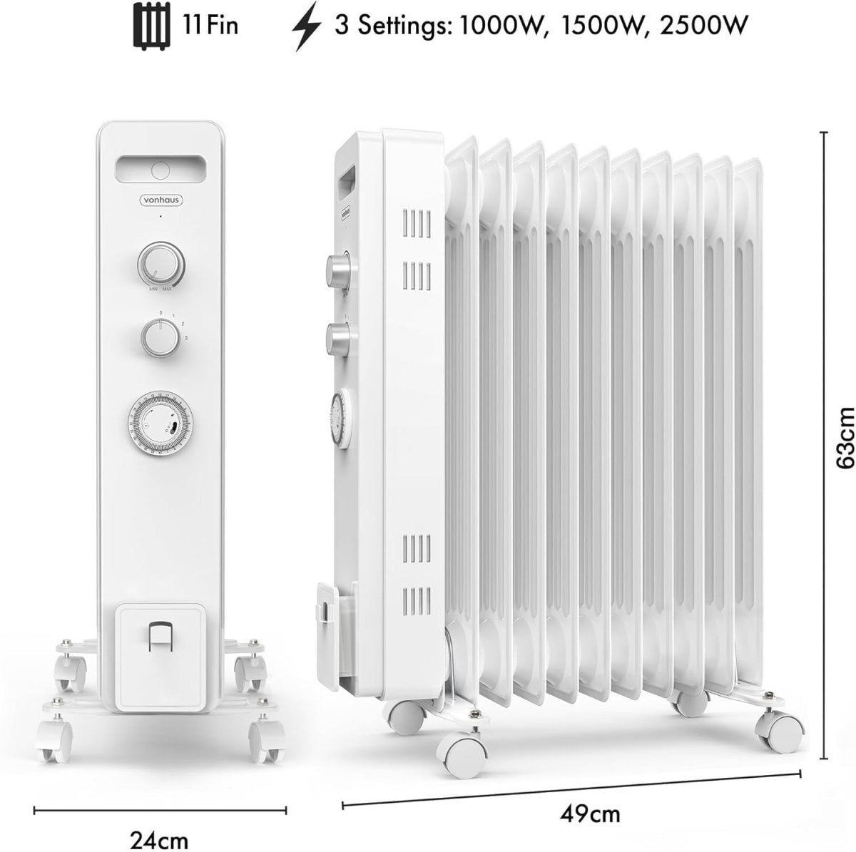 2500W Oil Filled Radiator Heater 11 Fin Portable Electric Timer Thermostat - Kwikley