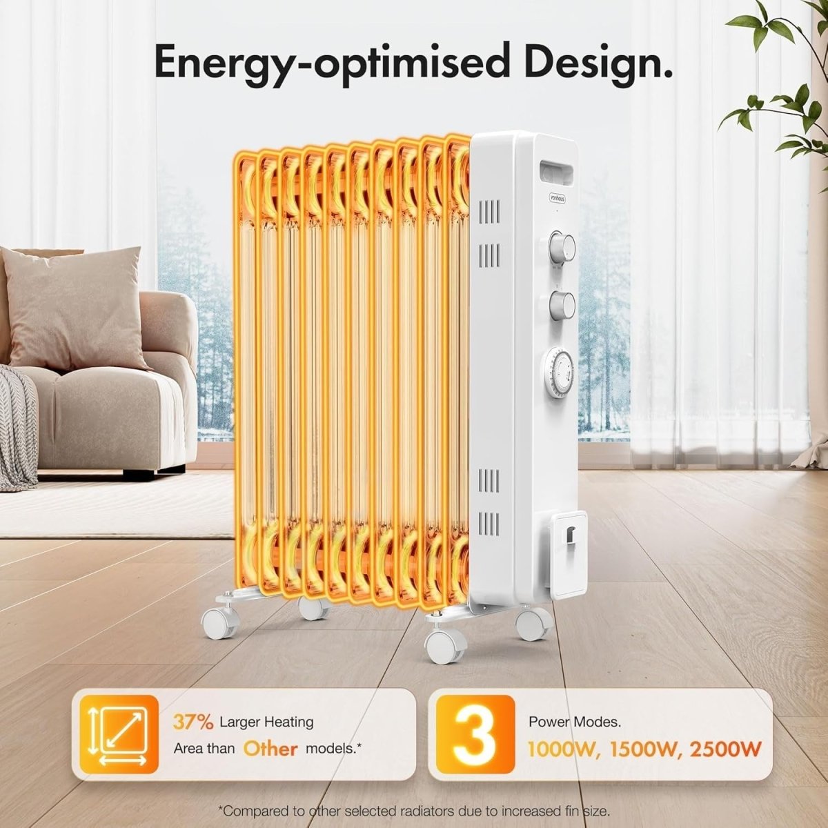 2500W Oil Filled Radiator Heater 11 Fin Portable Electric Timer Thermostat - Kwikley