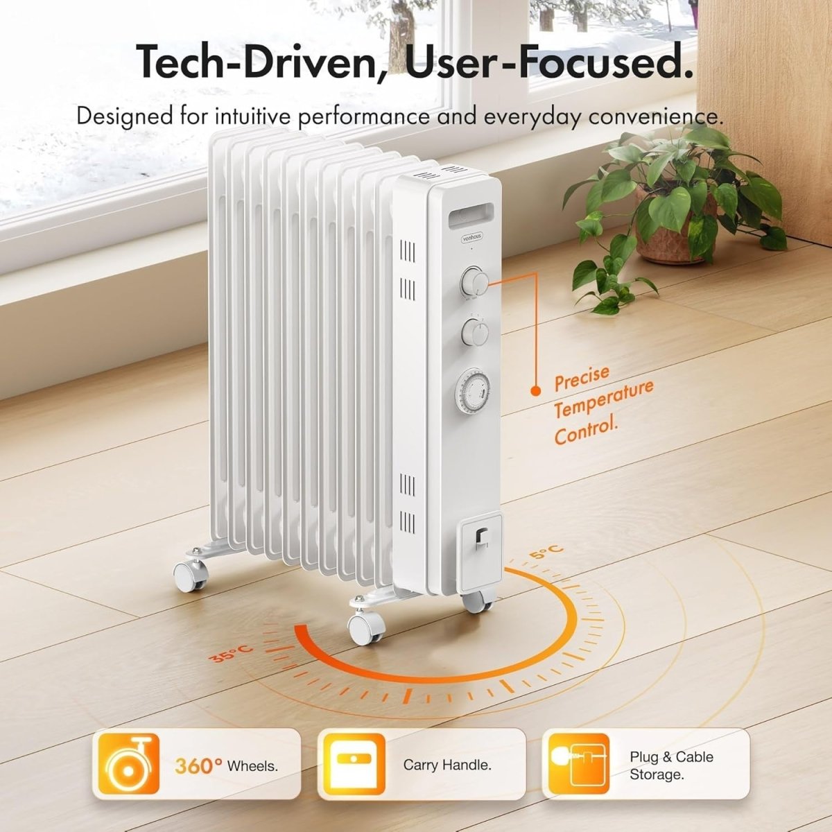 2500W Oil Filled Radiator Heater 11 Fin Portable Electric Timer Thermostat - Kwikley