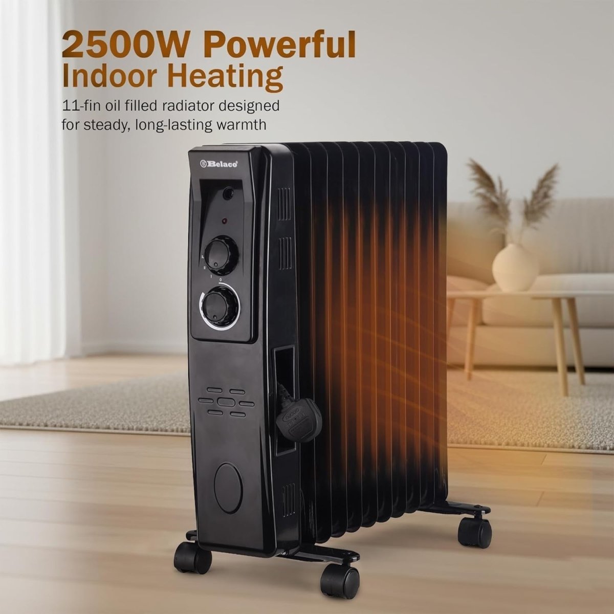 2500W Oil - Filled Radiator Heater – 11 Fins, Thermostat, Portable - Kwikley