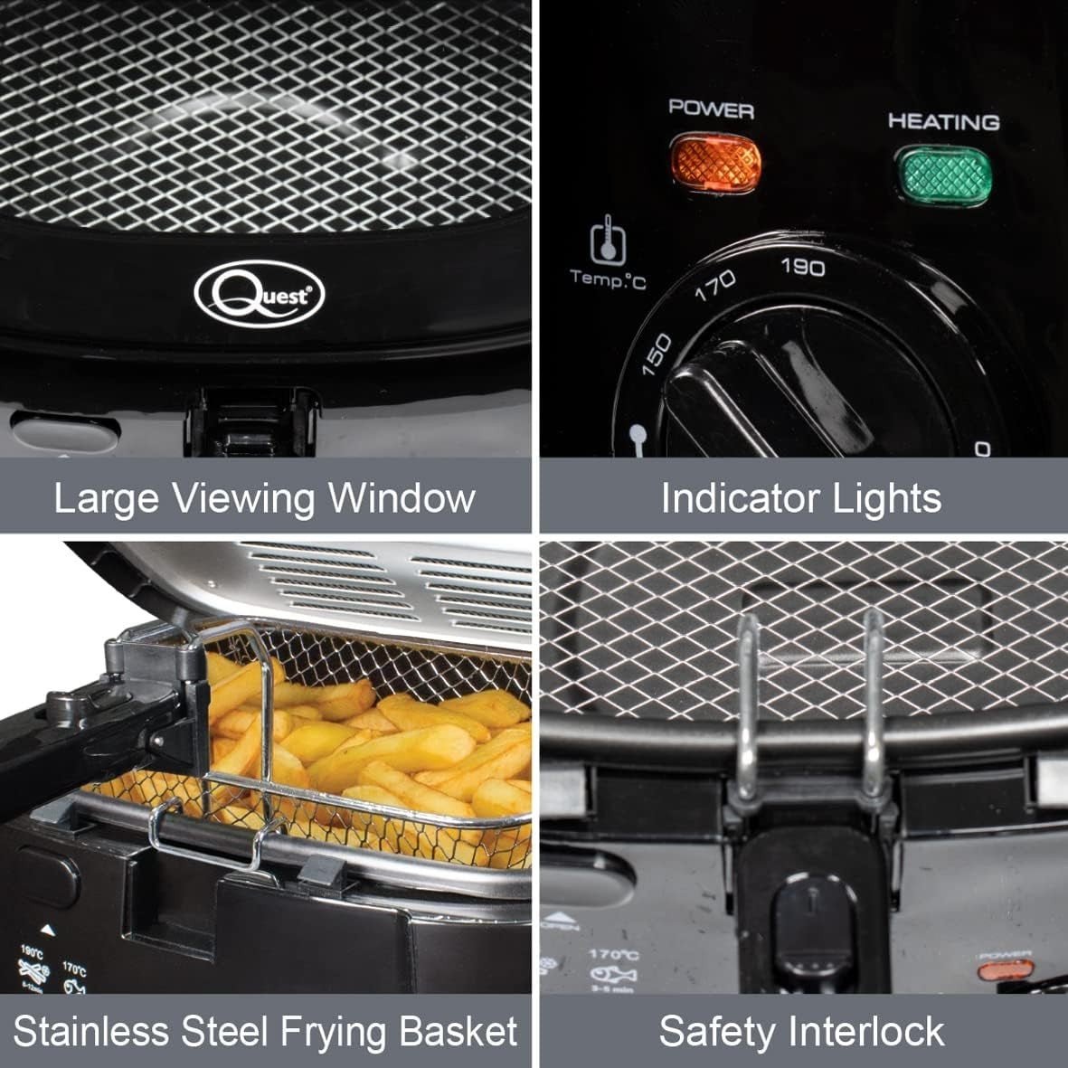2.5L Deep Fat Fryer 1800W Adjustable Temp Large Viewing Window - Kwikley