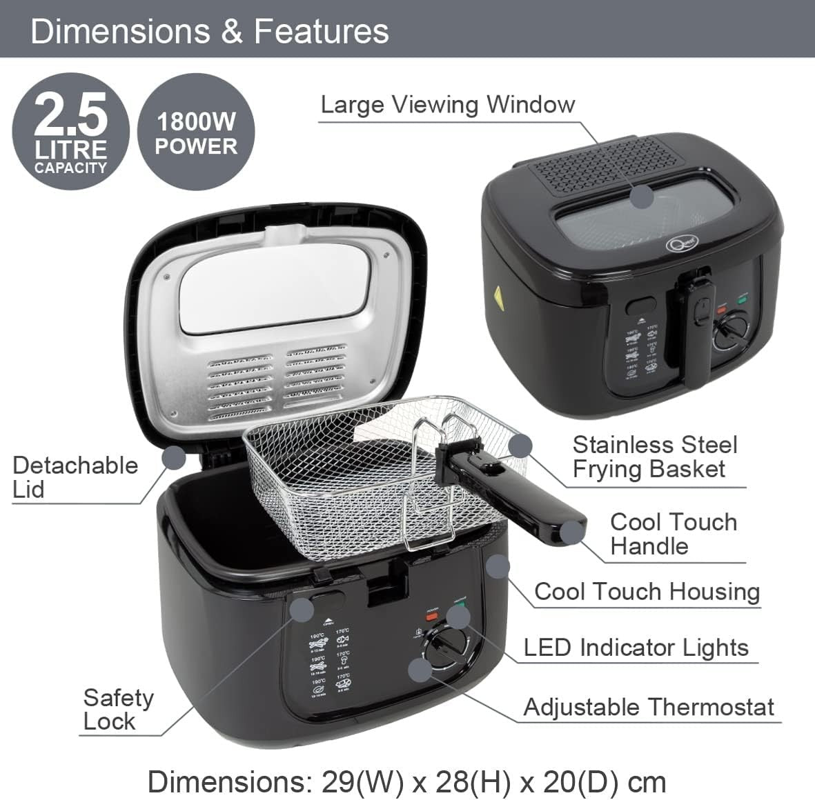 2.5L Deep Fat Fryer 1800W Adjustable Temp Large Viewing Window - Kwikley