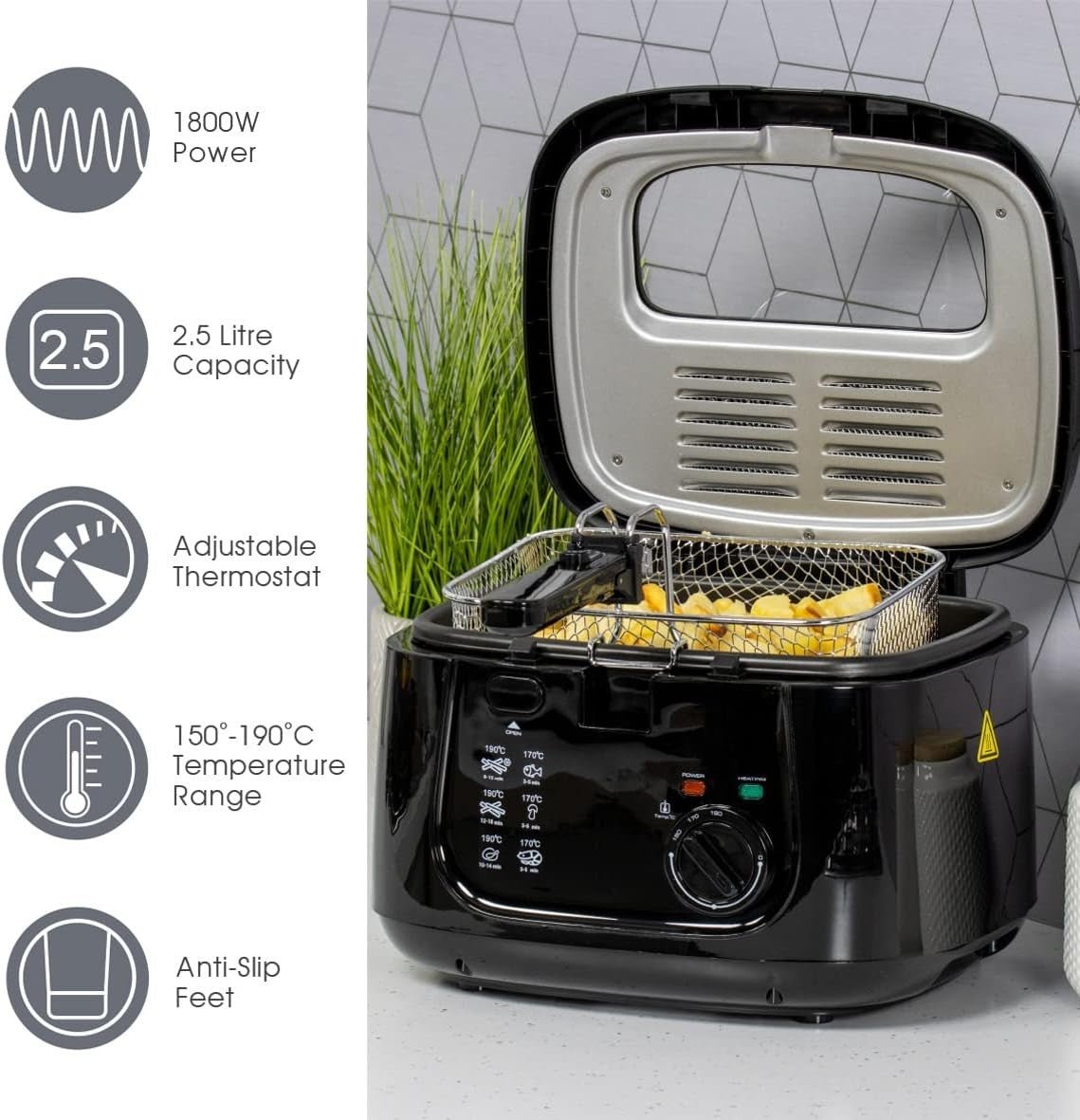 2.5L Deep Fat Fryer 1800W Adjustable Temp Large Viewing Window - Kwikley