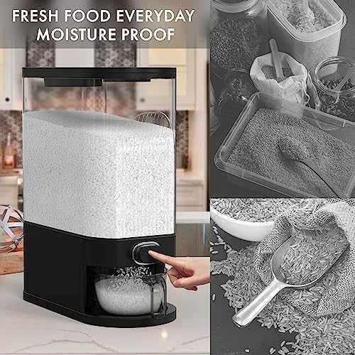 25lb Black Glass Rice Dispenser Airtight Grain Storage w Cup - Kwikley
