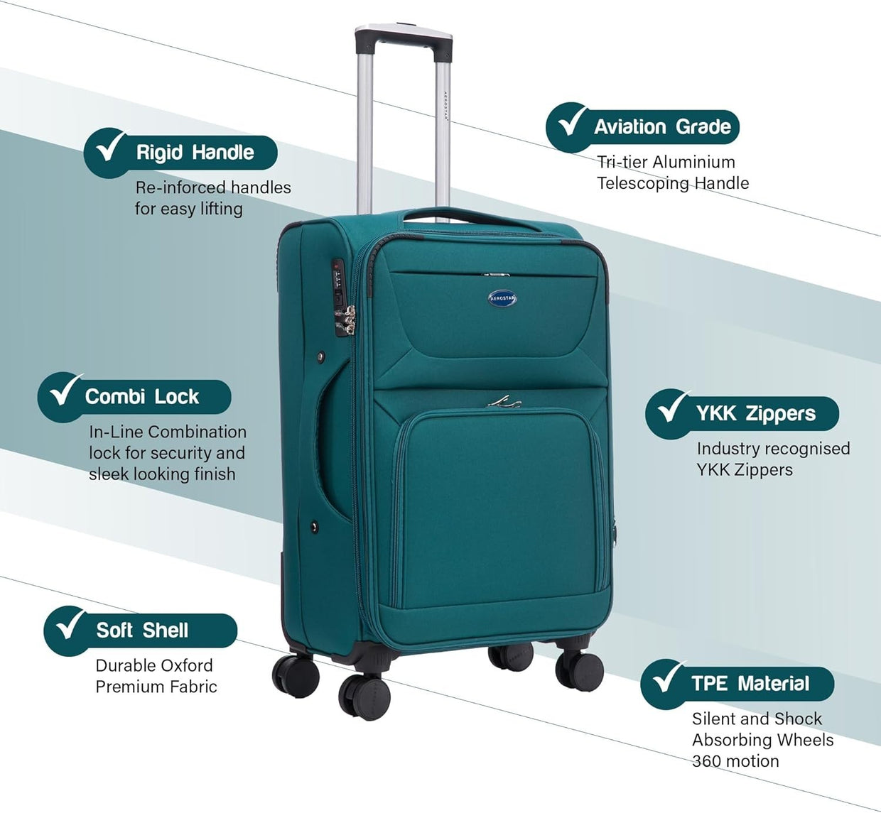 26” Medium Soft Check In Suitcase Expandable Lightweight 4 Wheel Luggage 78L - Kwikley
