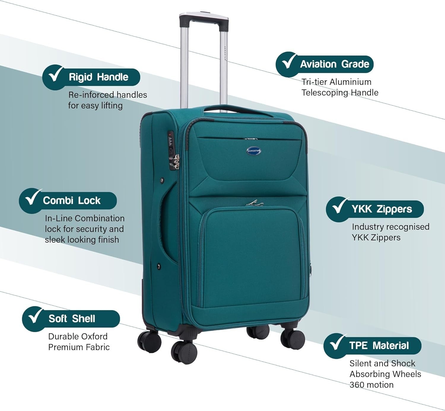 26” Medium Soft Check In Suitcase Expandable Lightweight 4 Wheel Luggage 78L - Kwikley