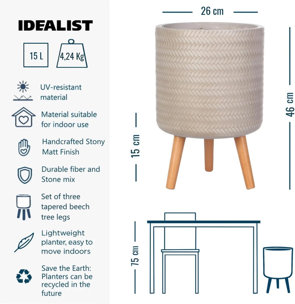 26cm Indoor Plant Pot with Legs Beige Modern Planter Cover 15L - Kwikley