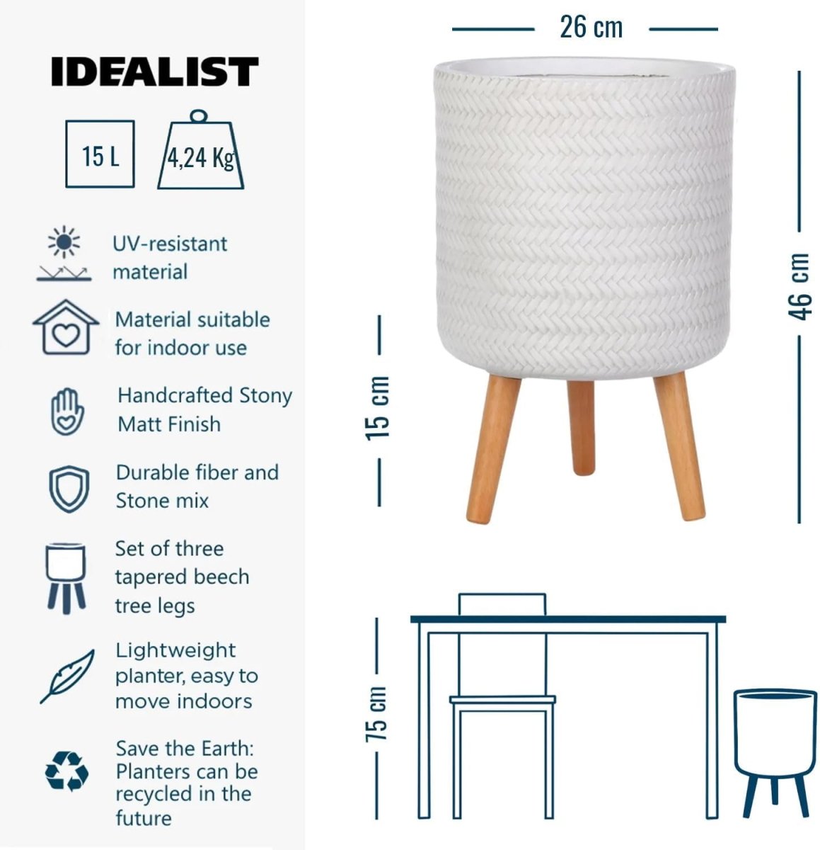 26cm Indoor Plant Pot with Legs Large Modern Planter Cover 15L - Kwikley