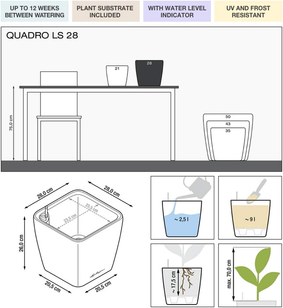 28cm Self Watering Plant Pot High Gloss Square Indoor Outdoor - Kwikley