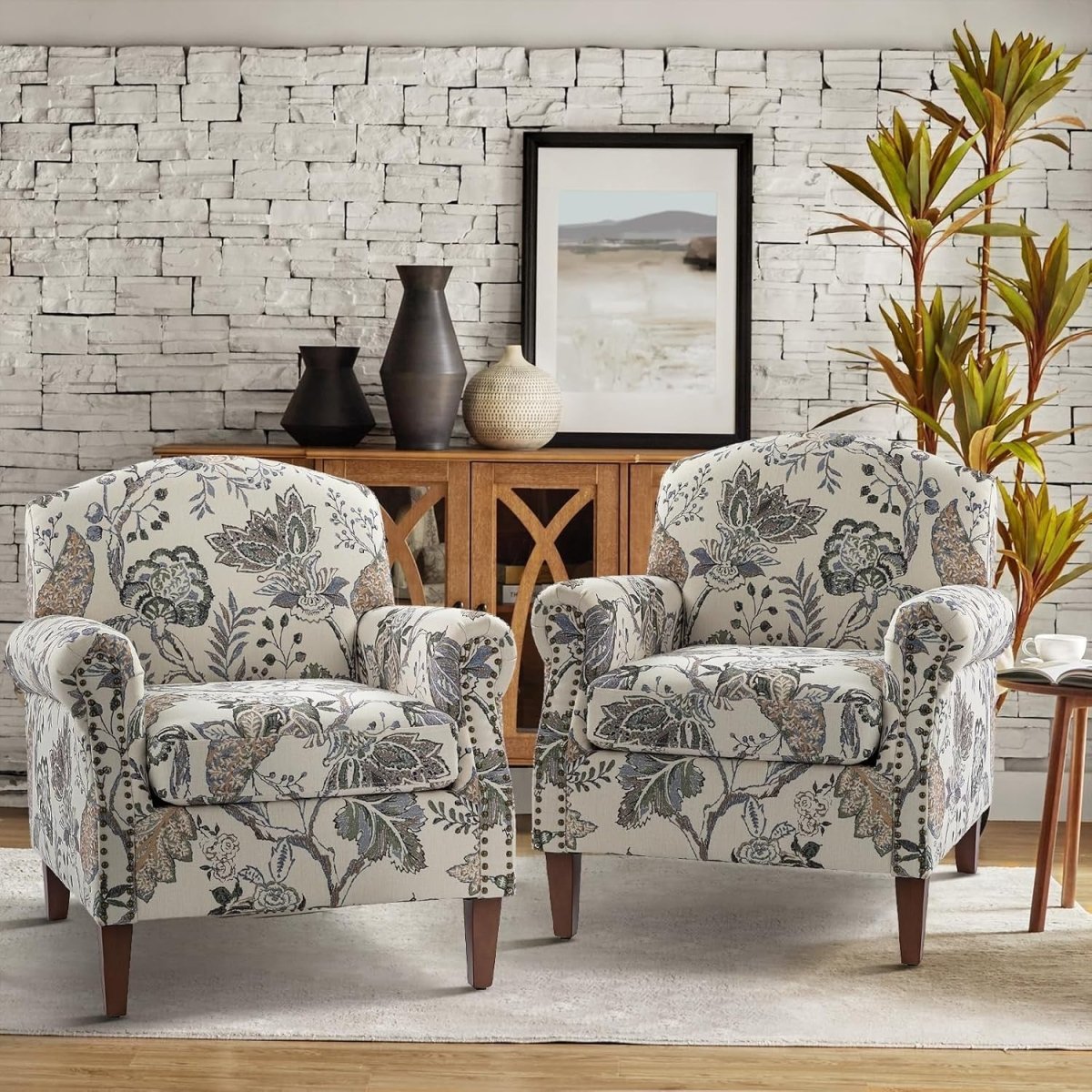 2x Grey Floral Accent Chairs Lounge Sofa Set Wood Legs Living Room - Kwikley