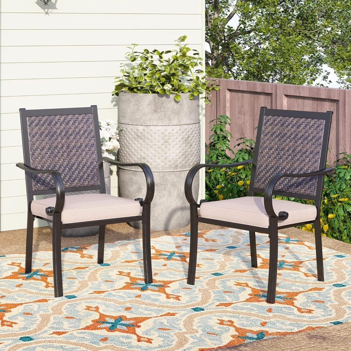 2x High Back Rattan Garden Chairs Outdoor Patio Balcony Dining Armchairs - Kwikley