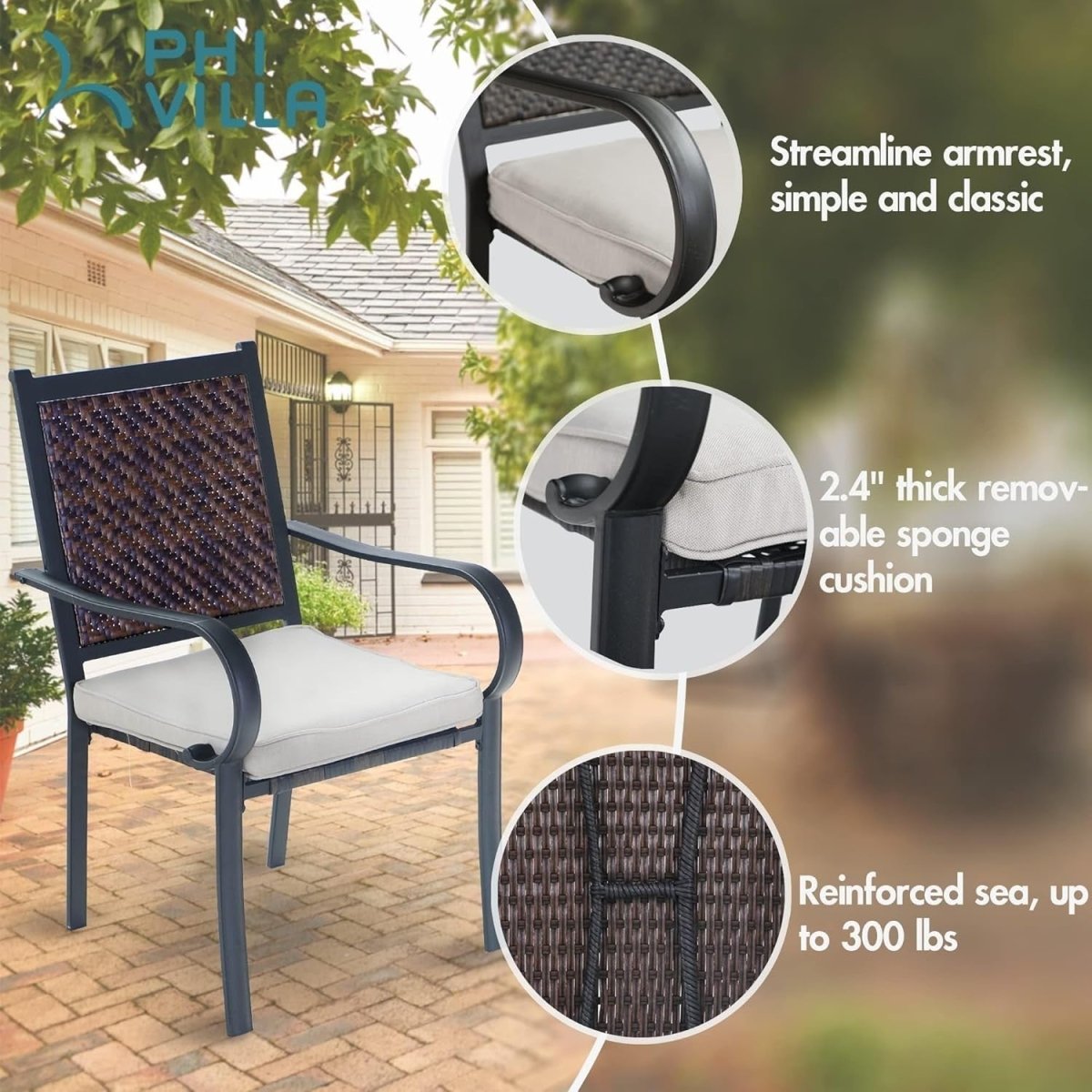 2x High Back Rattan Garden Chairs Outdoor Patio Balcony Dining Armchairs - Kwikley