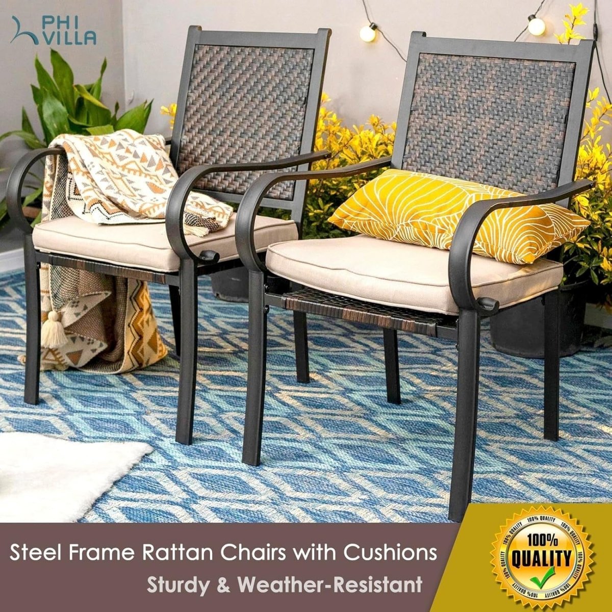 2x High Back Rattan Garden Chairs Outdoor Patio Balcony Dining Armchairs - Kwikley