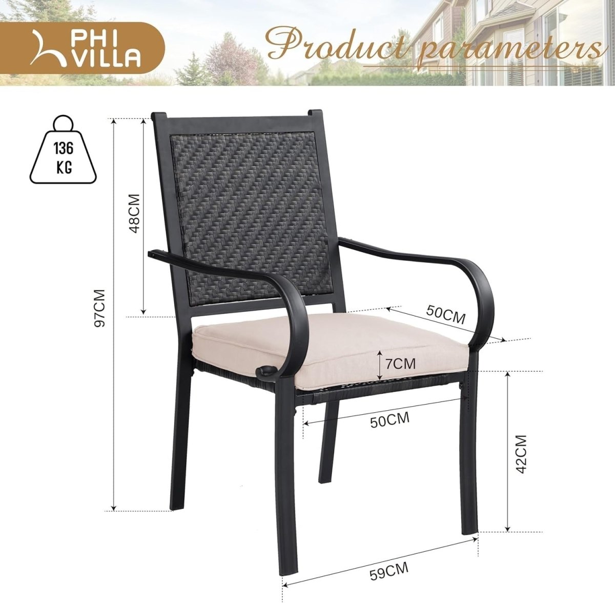2x High Back Rattan Garden Chairs Outdoor Patio Balcony Dining Armchairs - Kwikley