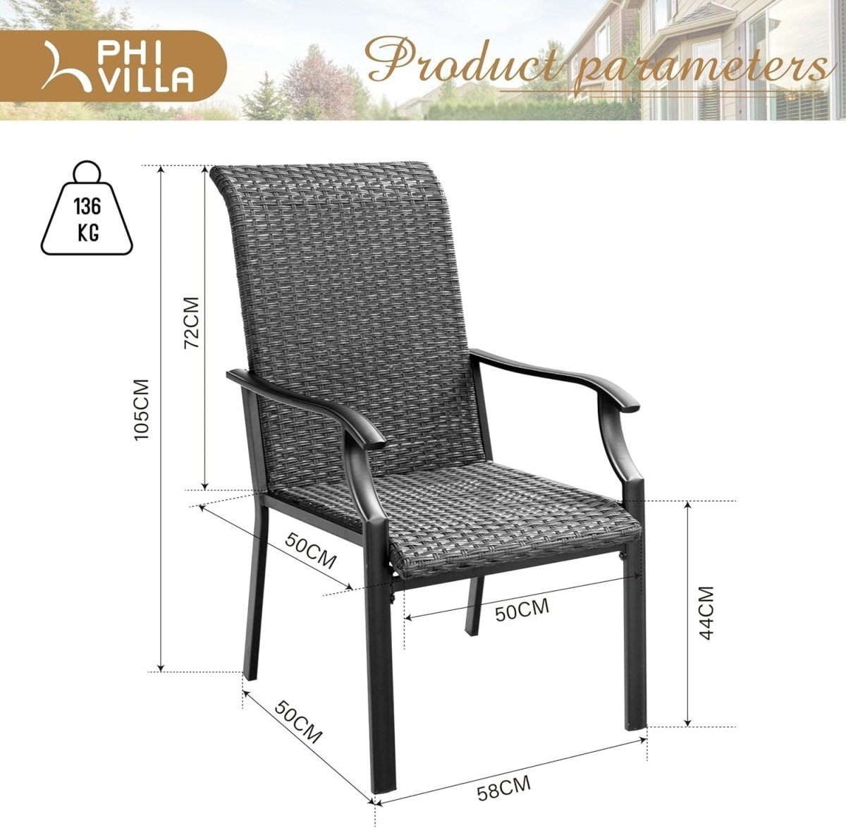 2x High Back Rattan Garden Chairs Outdoor Patio Balcony Dining Set Brown - Kwikley