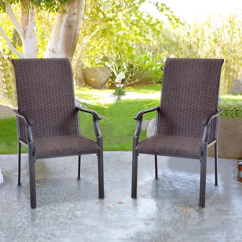 2x High Back Rattan Garden Chairs Outdoor Patio Balcony Dining Set Brown - Kwikley