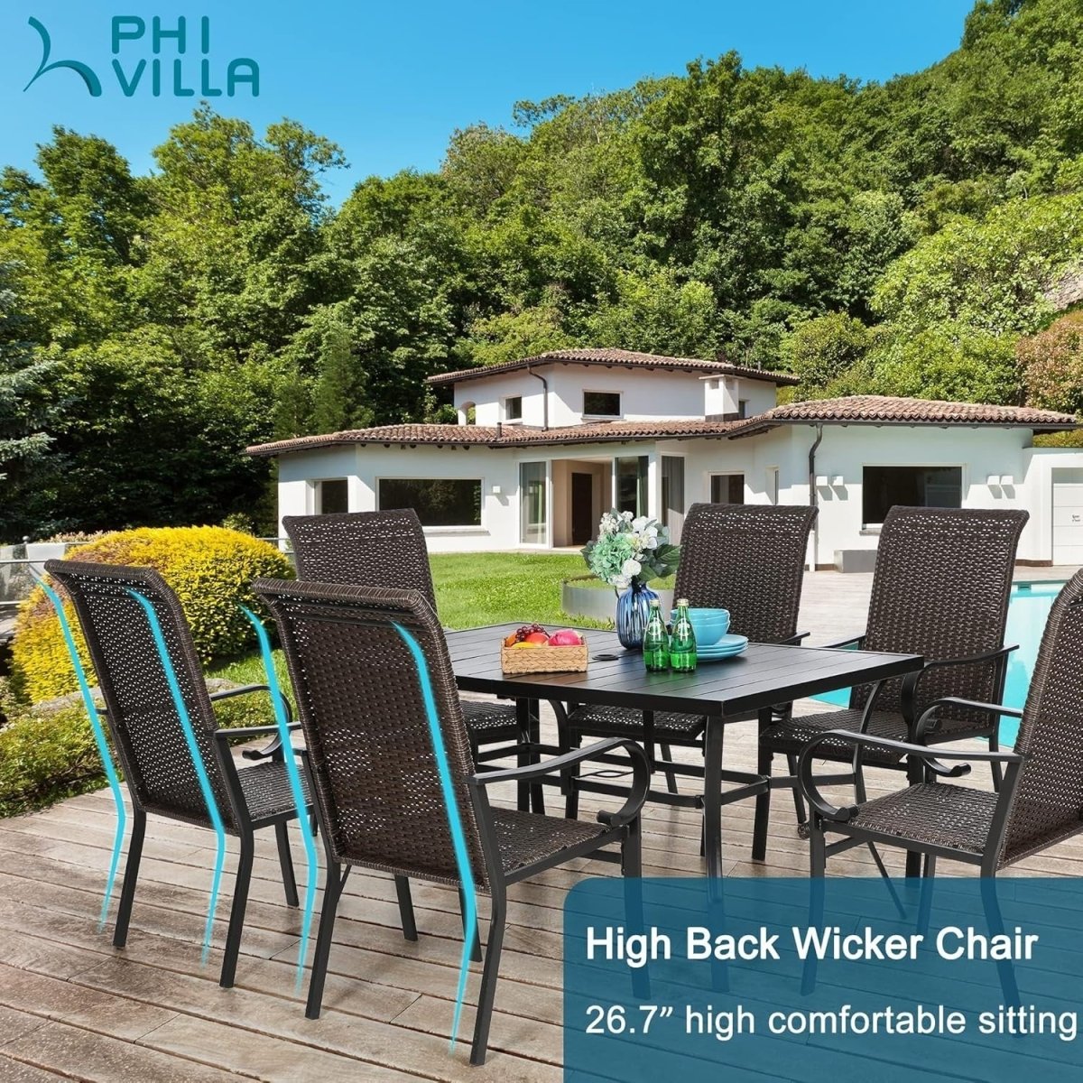 2x High Back Rattan Garden Chairs Outdoor Patio Balcony Dining Set Brown - Kwikley