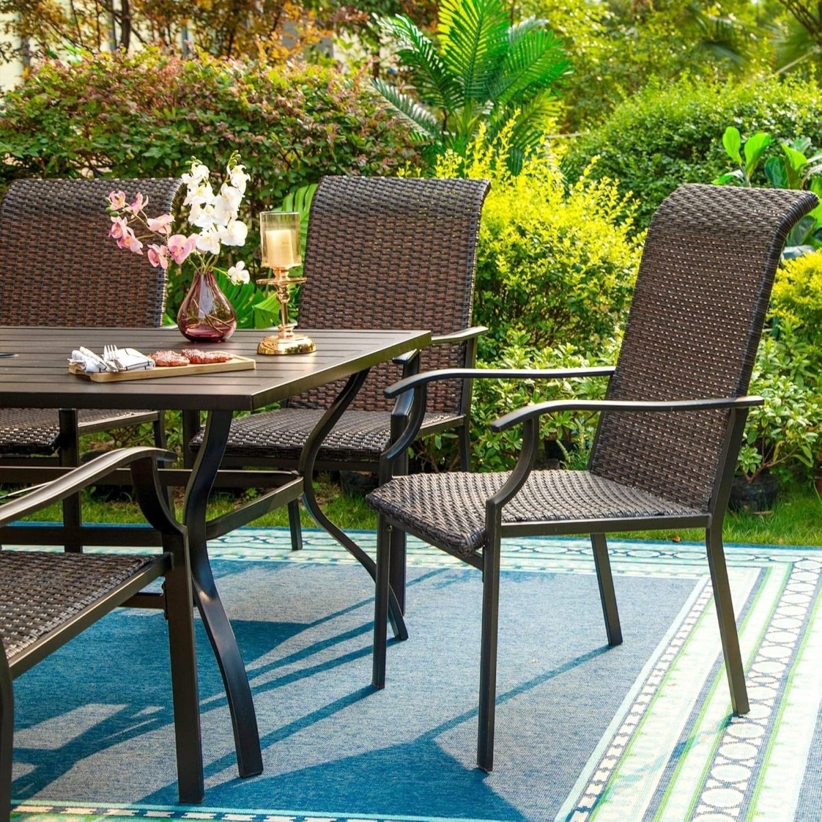 2x High Back Rattan Garden Chairs Outdoor Patio Balcony Dining Set Brown - Kwikley