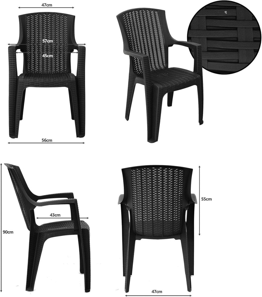 2x Stackable High Back Plastic Garden Chairs Graphite Rattan - Kwikley