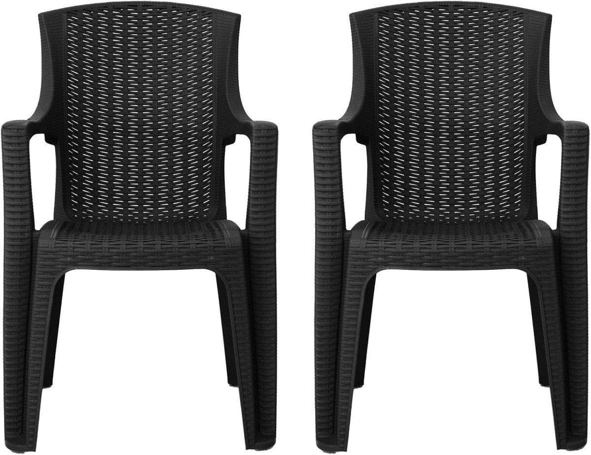 2x Stackable High Back Plastic Garden Chairs Graphite Rattan - Kwikley