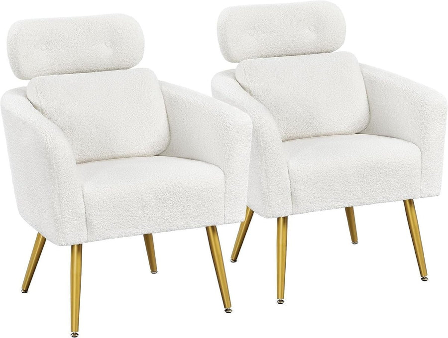 2x White Boucle Accent Chairs Adjustable Headrest Lumbar Lounge Armchairs - Kwikley