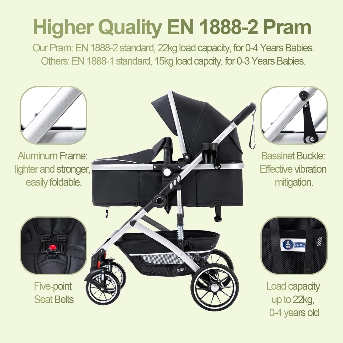 3 in 1 Baby Pram City Stroller Travel System One Click Fold Newborn Toddler - Kwikley