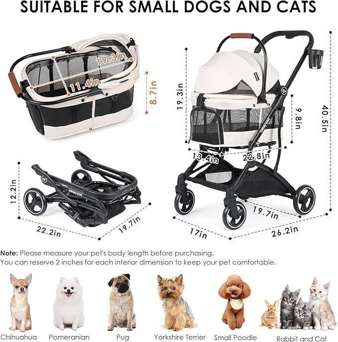 3 - in - 1 Foldable Pet Stroller with Detachable Carrier for Small Dogs Cats - Kwikley